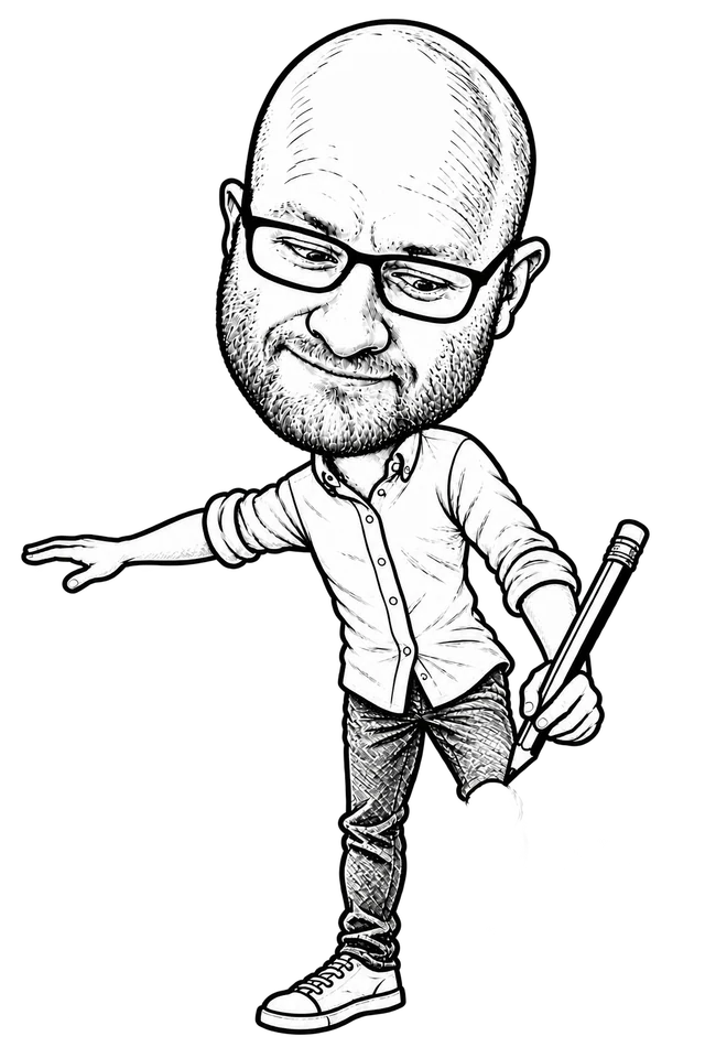 Black-and-white caricature of Carsten leaning over his supporting leg while drawing the unfinished other leg.