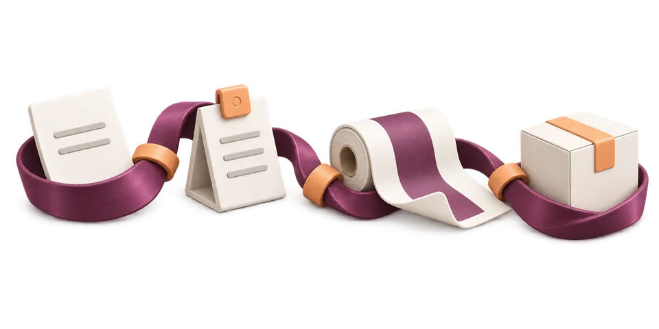 An illustration of a connected journey from quoting and file checks to production and shipping.
