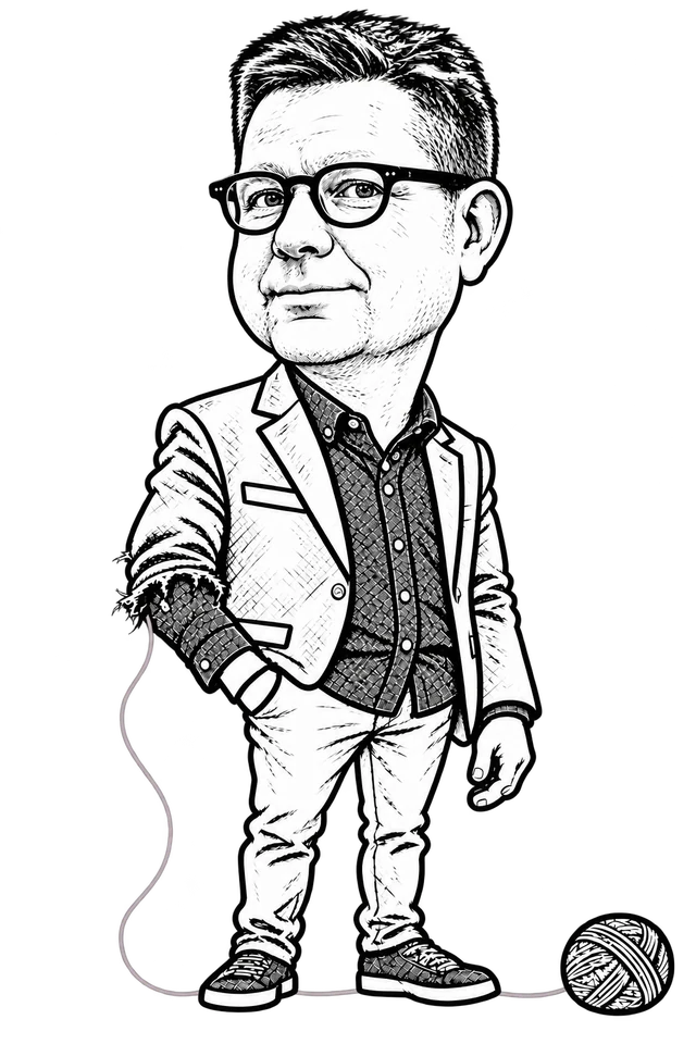 Black-and-white caricature of Tomas with much of his lower sleeve unfinished and a continuous thread running under his shoes.