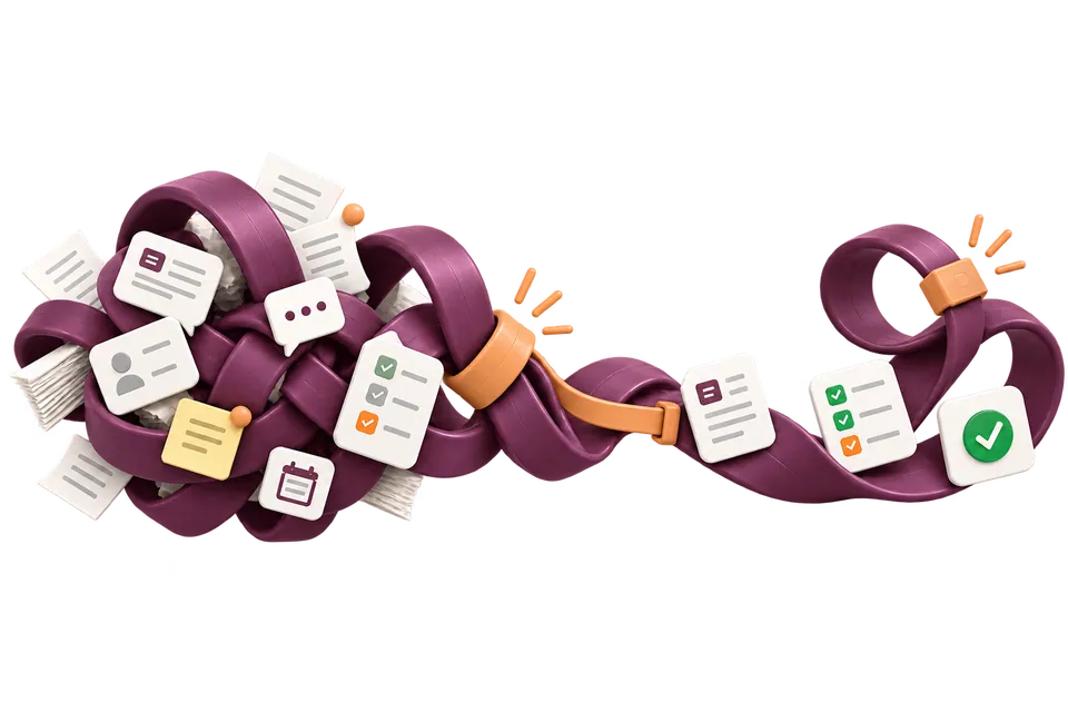 A tangled mulberry ribbon holding scattered information becomes a smoother, organised flow through warm apricot connectors.